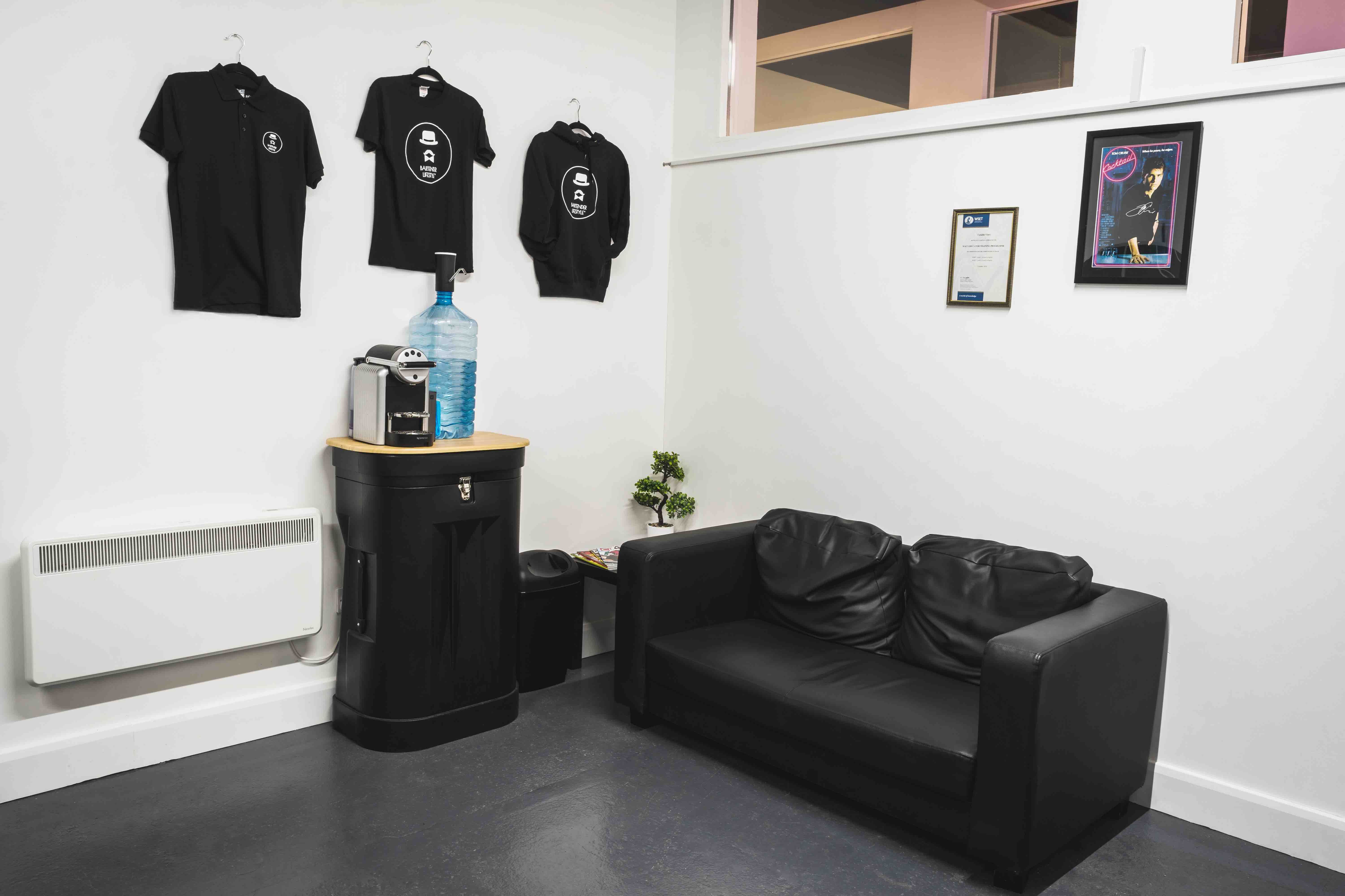 students chilling area and our merchandise on the wall